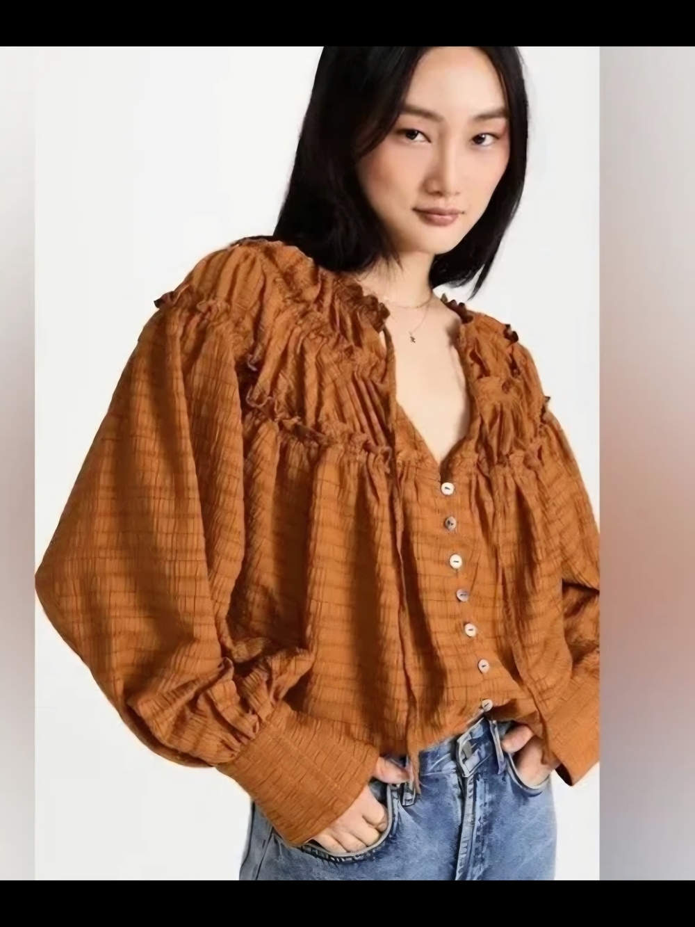 Free People Ruffle Yoke Button-Front Blouse in Rust Brown PIT TO PIT 25 1459